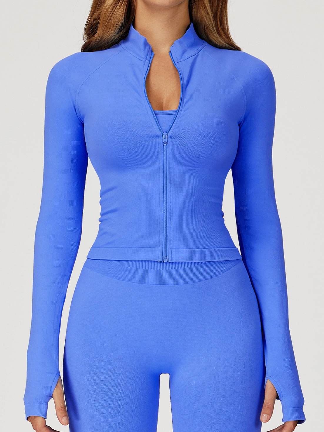 BUYCO Female Solid Color Stand Up Collar Zipper Thumbholes Jacket