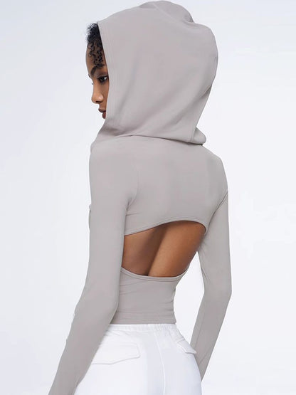 BUYCO Female Solid Color Hollow Out Hooded Elastic Tight Long Sleeves