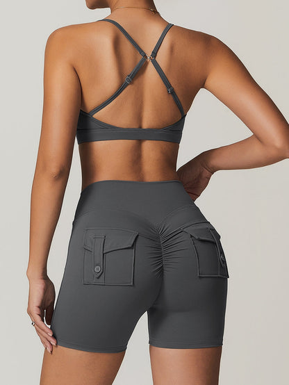 BUYCO Female Front Folds Cross Back Backless Pocket Short Tracksuit