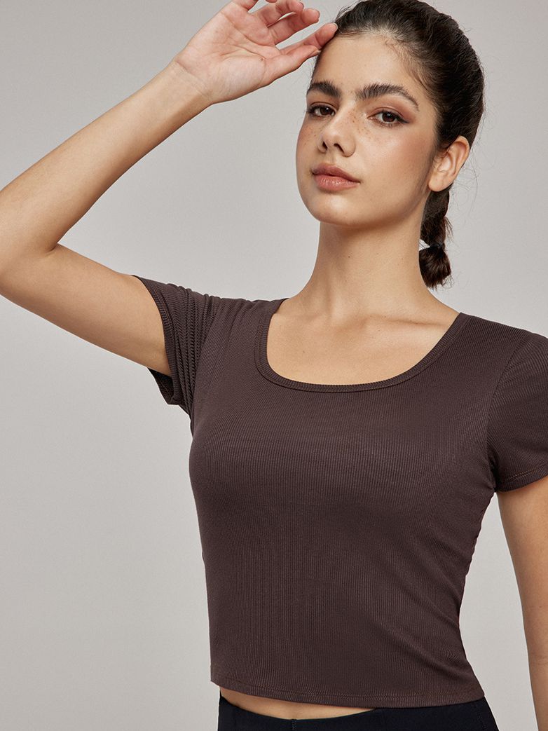 BUYCO Female Hollow Out Backless U Collar Ribbed Short Sleeves