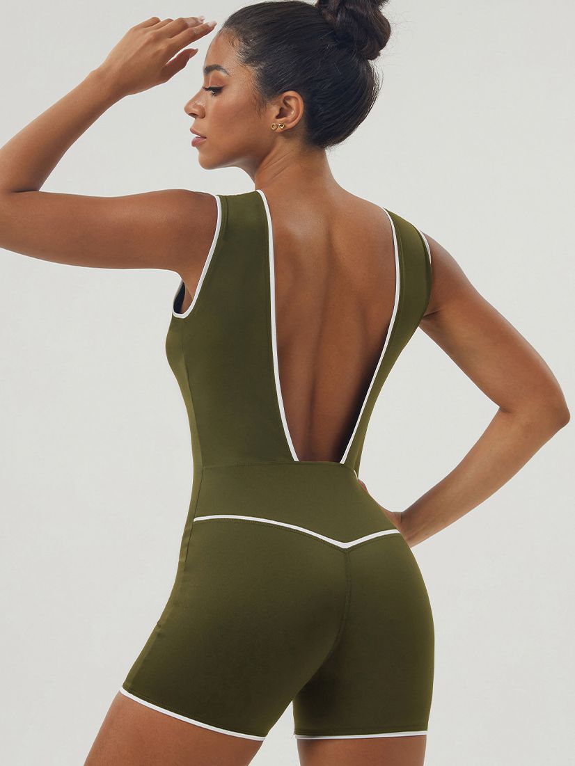 BUYCO Female Contrast Color V-neck Backless with Chest Pads Romper