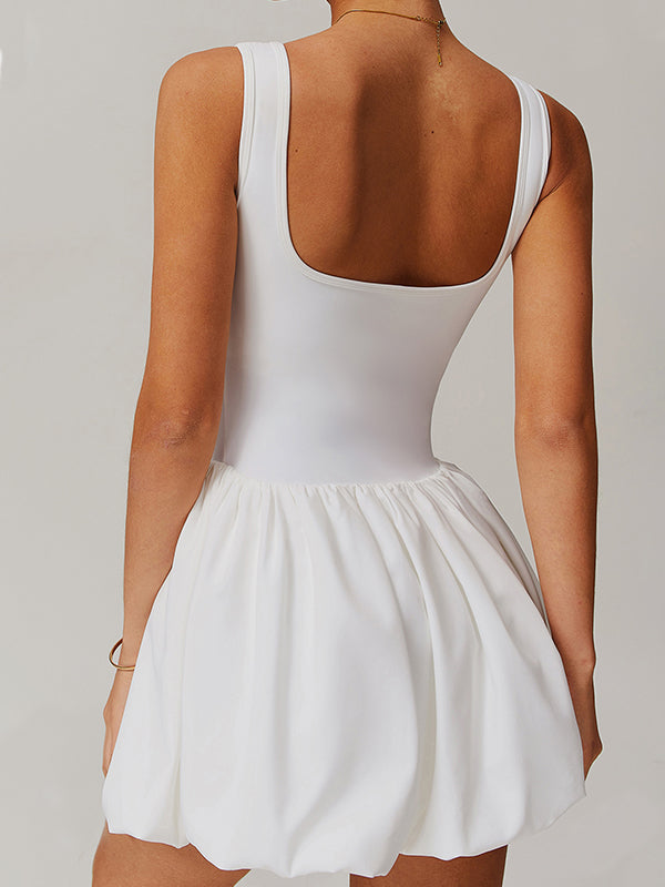 BUYCO Female Solid color U Collar Backless 2 in 1 Pleated Tennis Dress