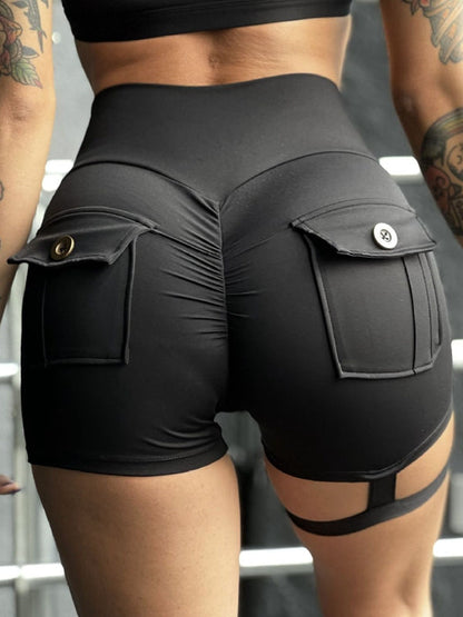 BUYCO Female Unique Cut Out Pocket Ruched Back Spandex Gym Fit Cargo Shorts