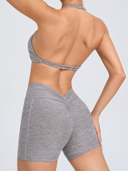 BUYCO Female Deep V Back Pocket Ruched Back Halter Backless Short Tracksuit
