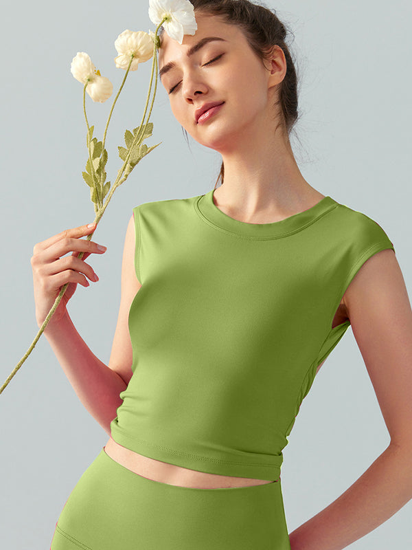 BUYCO Female Fitted Twist Hollow Out Backless Round Neck Short Sleeves
