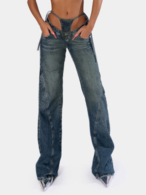 BUYCO Female Fitted Cutout V-shape Waist Denim Flare Fashion Pants