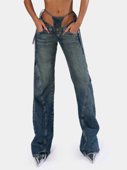 BUYCO Female Fitted Cutout V-shape Waist Denim Flare Fashion Pants