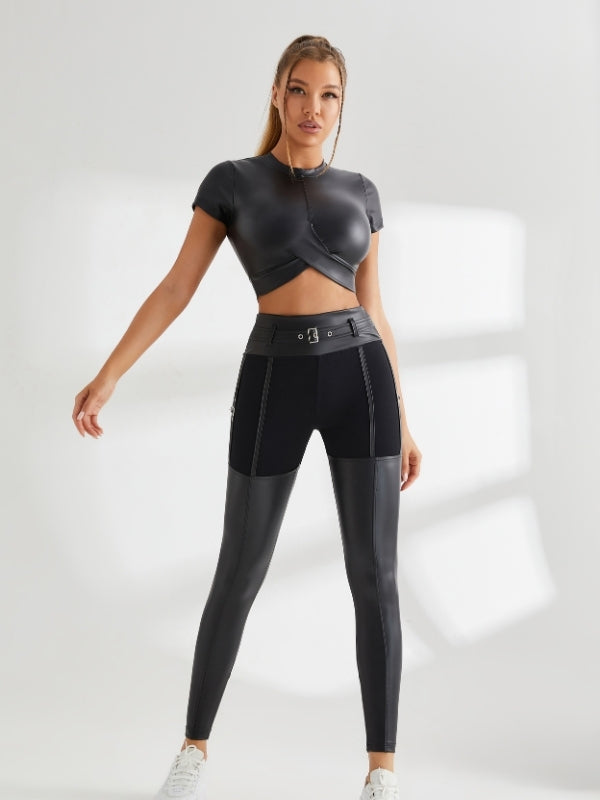 BUYCO Female PU Glossy Metal Buttons Hip-lift Sportswear