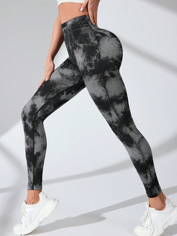 BUYCO Female Modern Tie-dye Denim Pocket Ruched Back Leggings