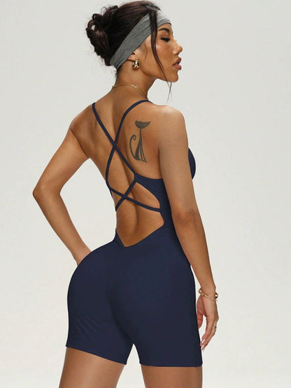 BUYCO Female Cross Back U Collar Elastic Tight Short Romper