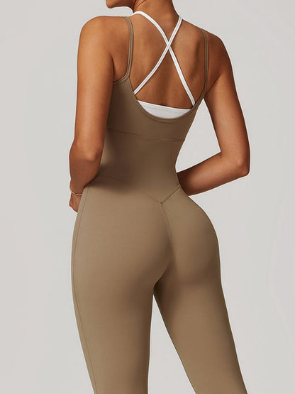 BUYCO Female Contrast Color U Collar Cross Back Jumpsuits