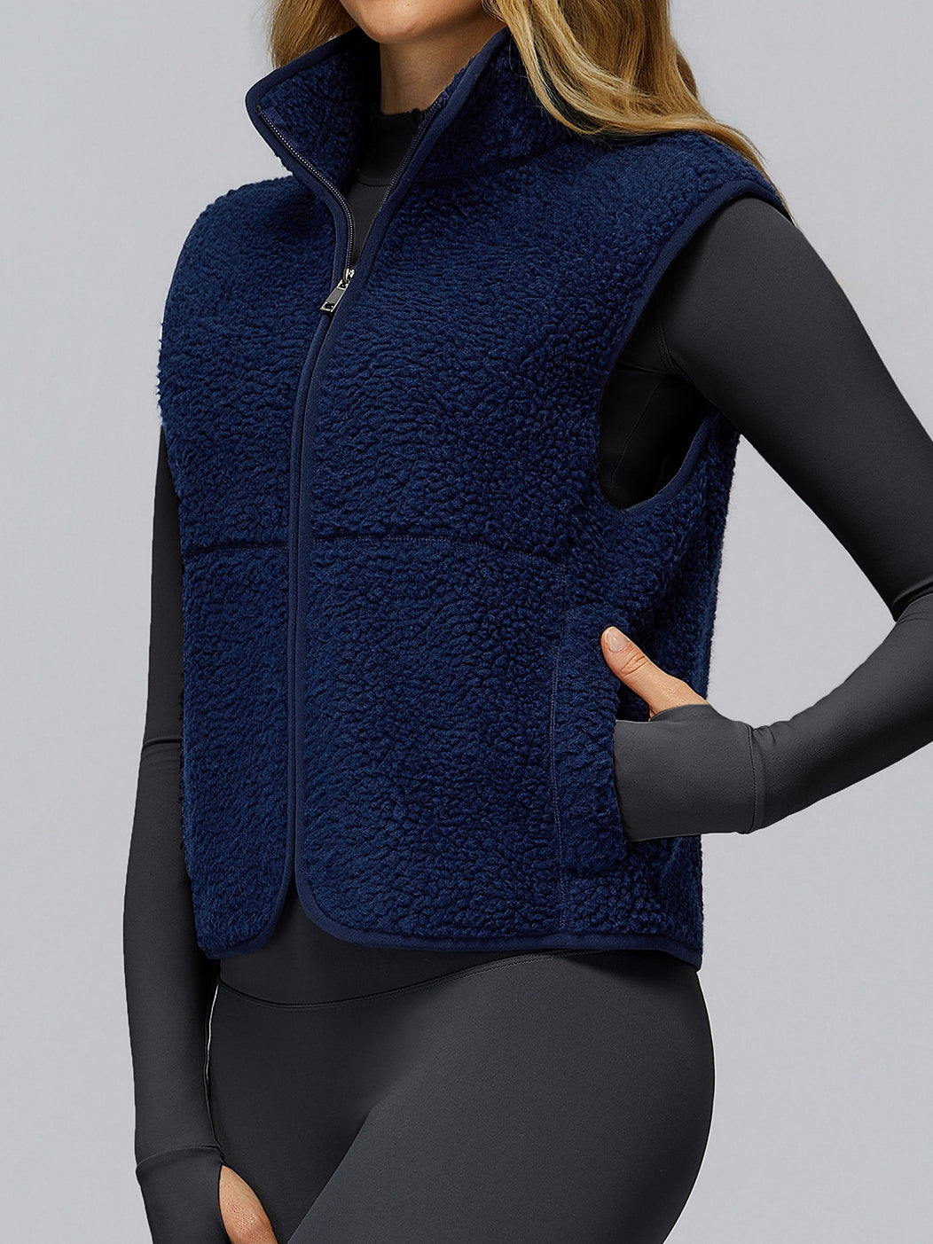 BUYCO Female Fleece Zipper Pocket Stand Up Collar Vest Jacket