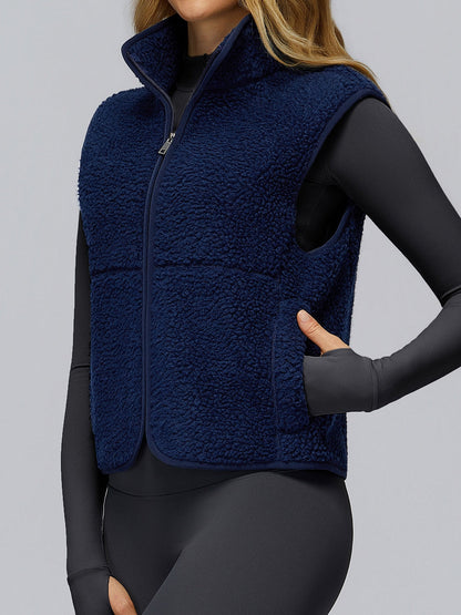 BUYCO Female Fleece Zipper Pocket Stand Up Collar Vest Jacket
