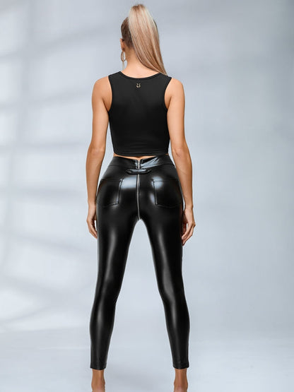 BUYCO Female Faux Leather Zipper Buttons Pocket Leggings