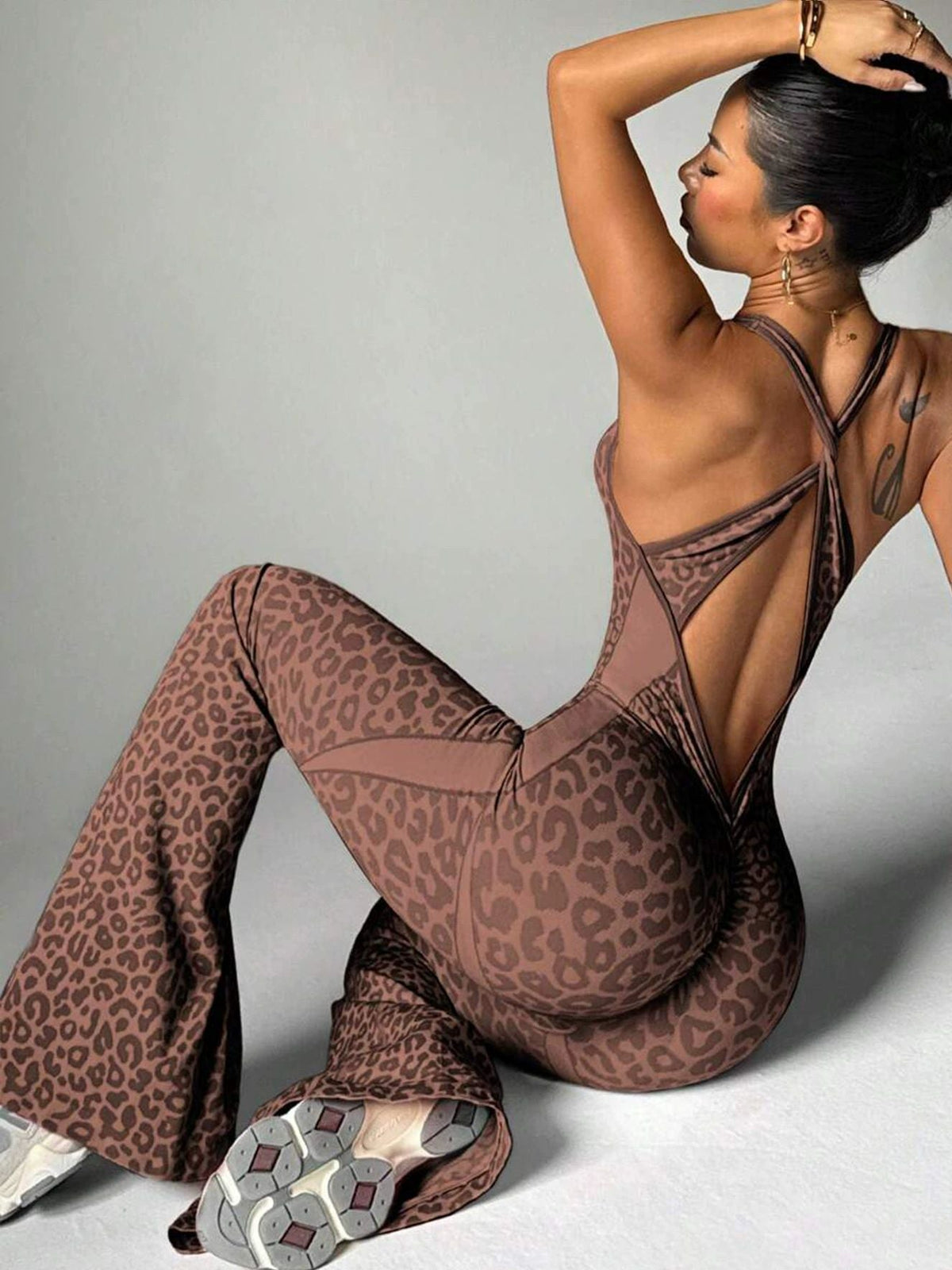 BUYCO Female Fitted Leopard Print Hollow Out Cross Back Deep V Back Jumpsuit
