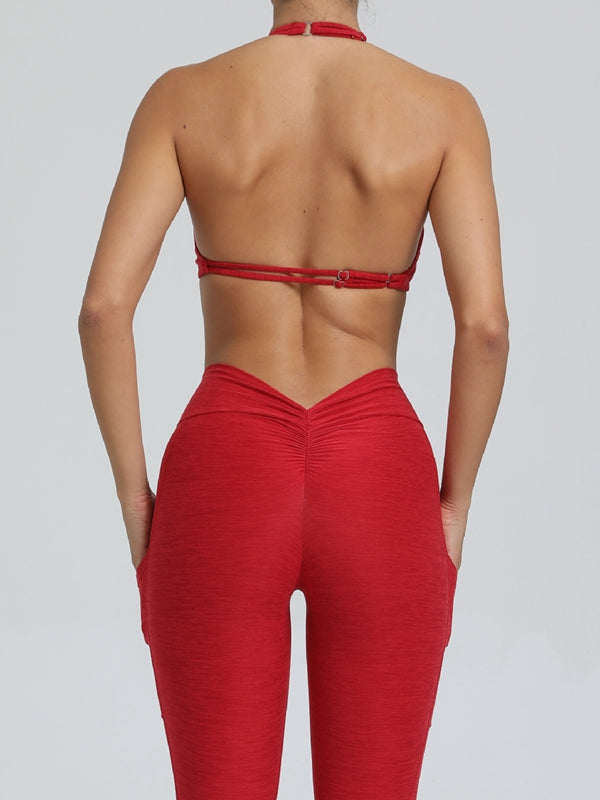 BUYCO Female Deep V Back Pocket Ruched Back Halter Backless Tracksuit