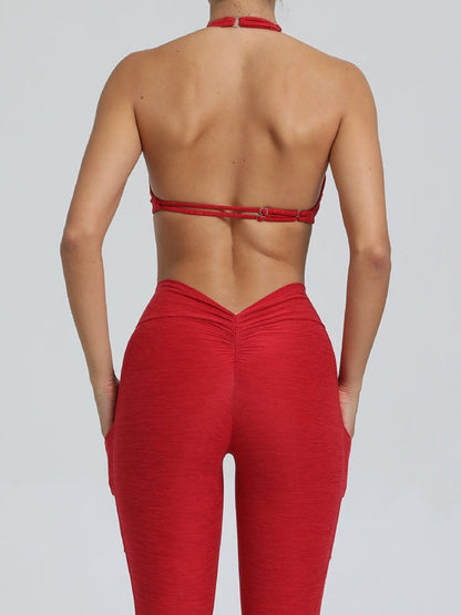 BUYCO Female Deep V Back Pocket Ruched Back Halter Backless Tracksuit
