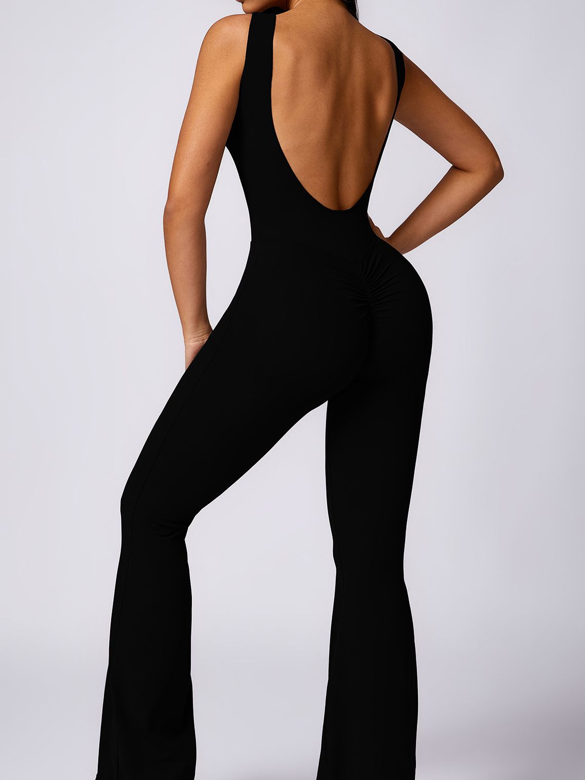 BUYCO Female Backless Elastic Tight Ruched Back Flare Jumpsuit