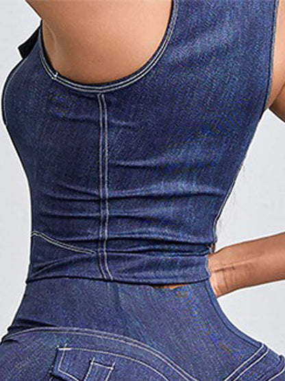 BUYCO Female Denim Zipper Stand Up Collar Tank