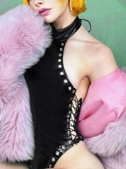 BUYCO Female PU Faux Leather Lace-up Bodysuit