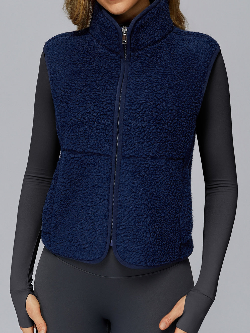 BUYCO Female Fleece Zipper Pocket Stand Up Collar Vest Jacket