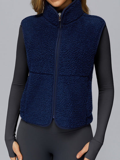 BUYCO Female Fleece Zipper Pocket Stand Up Collar Vest Jacket
