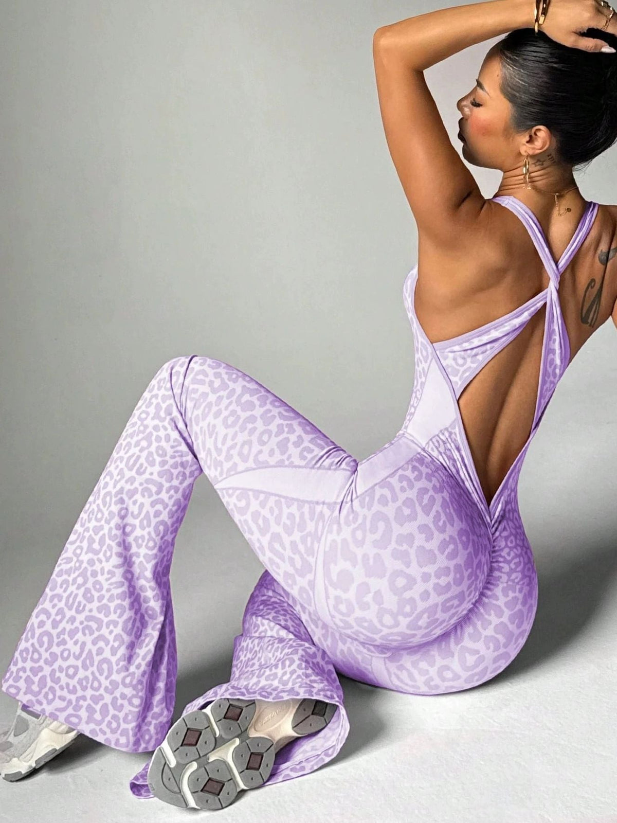 BUYCO Female Fitted Leopard Print Hollow Out Cross Back Deep V Back Jumpsuit
