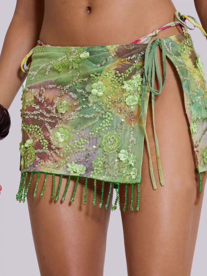 BUYCO Female Fitted Flower Sequin Tassel Mesh 3-Pieces Lace-up Bikini Set
