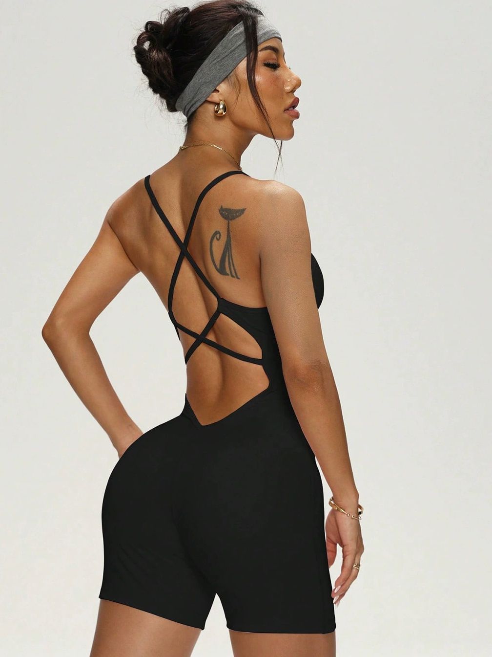 BUYCO Female Cross Back U Collar Elastic Tight Short Romper