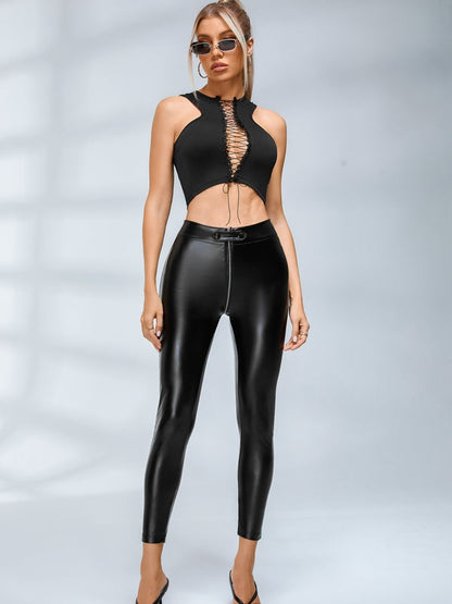 BUYCO Female Faux Leather Zipper Buttons Pocket Leggings