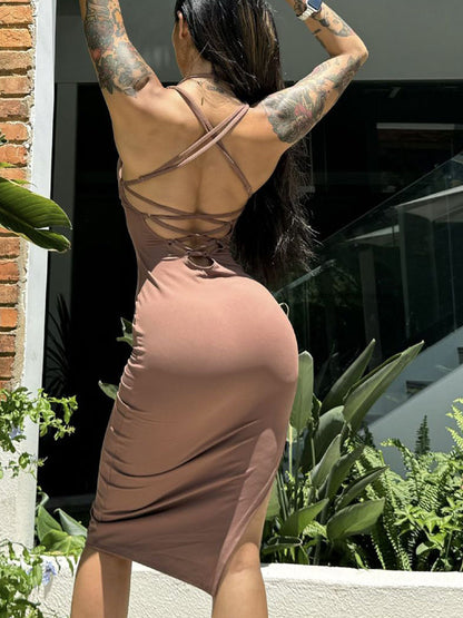 BUYCO Female Solid Color Cross Back Hollow Out Split Dress