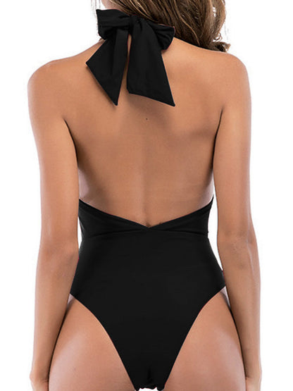BUYCO Female Solid Color Halter Lace-up Backless One Piece