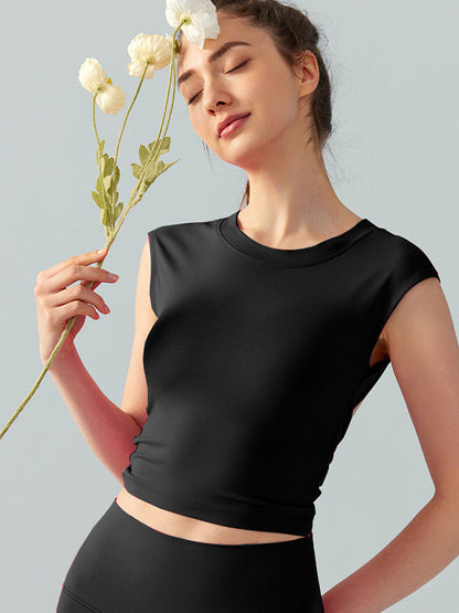 BUYCO Female Fitted Twist Hollow Out Backless Round Neck Short Sleeves