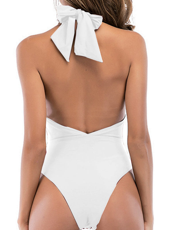 BUYCO Female Solid Color Halter Lace-up Backless One Piece