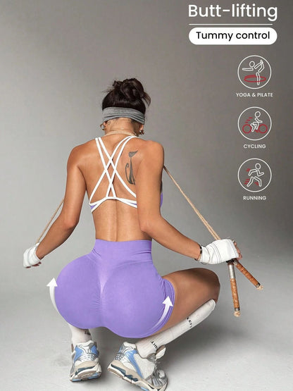 BUYCO Female Contrast Color Cross Back Elastic Tight Short Tracksuit