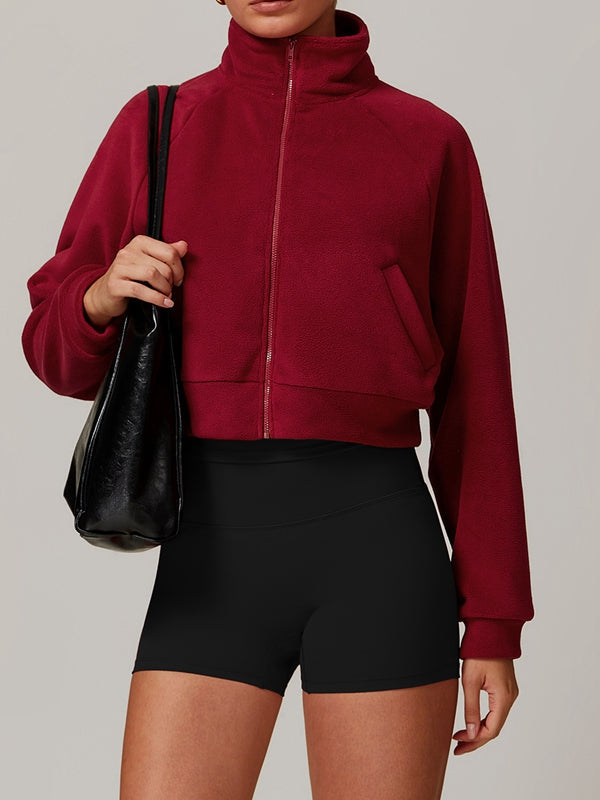 BUYCO Female Fleece Stand Up Collar Zipper Cropped Hoodie