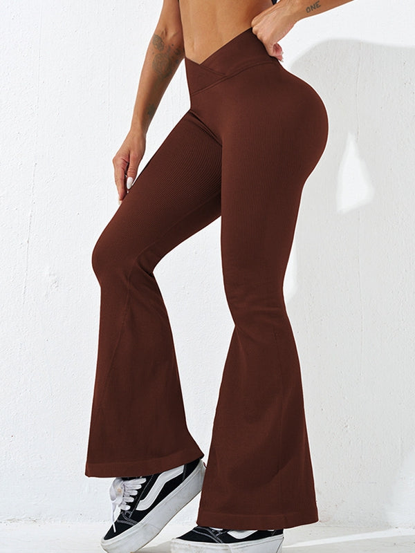 BUYCO Female V-shape Waist Ribbed Flare Ruched Back Leggings