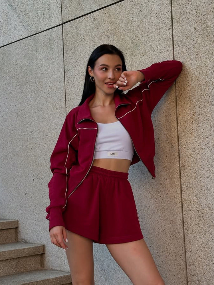 BUYCO Female Zipper Contrast Color Short Tracksuit