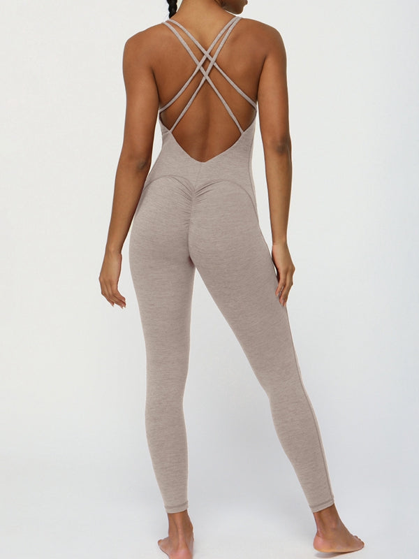 BUYCO Female Cross Back U Collar Ruched Back Hip-lift Jumpsuit