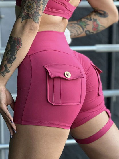 BUYCO Female Unique Cut Out Pocket Ruched Back Spandex Gym Fit Cargo Shorts