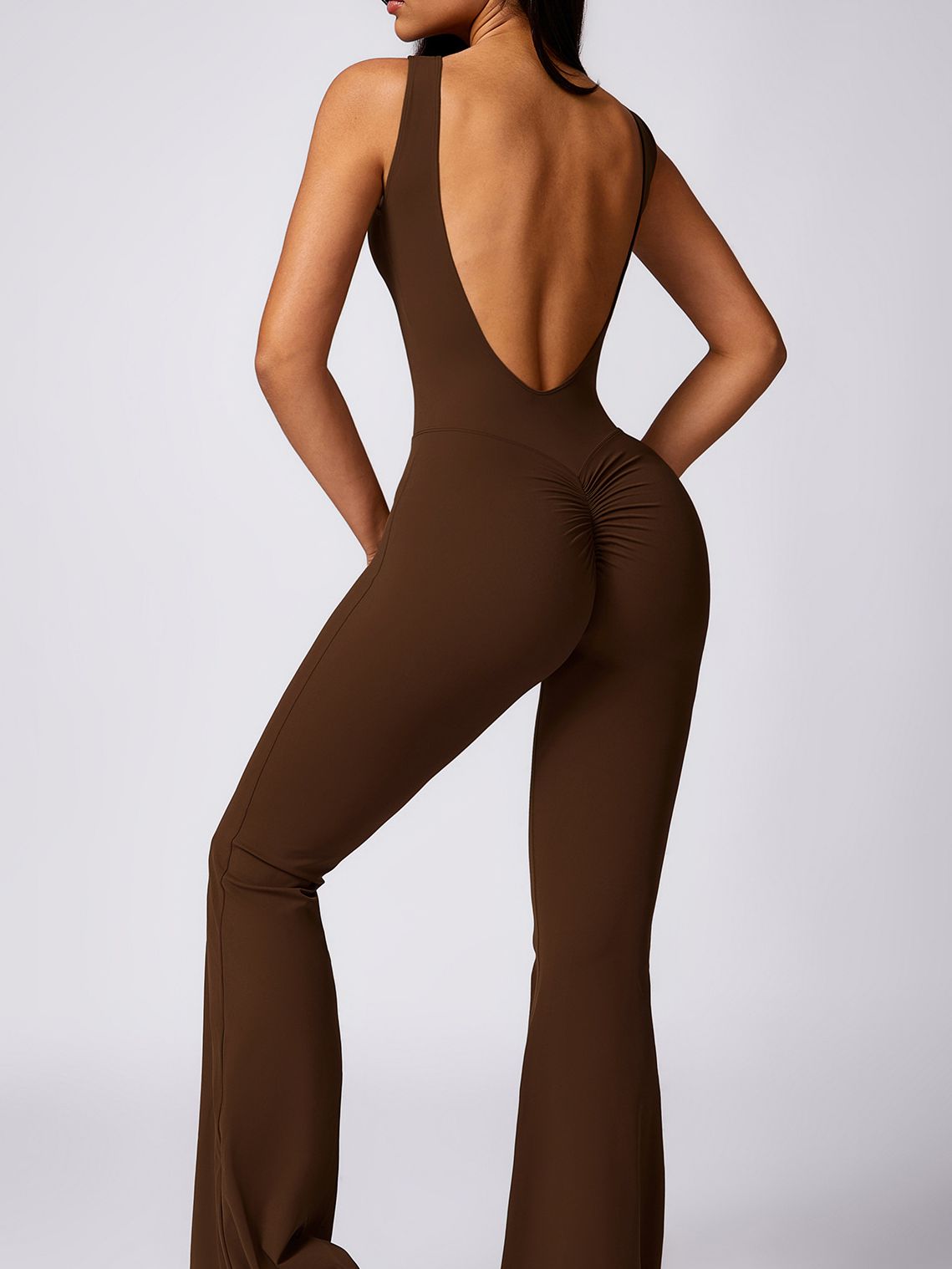 BUYCO Female Backless Elastic Tight Ruched Back Flare Jumpsuit