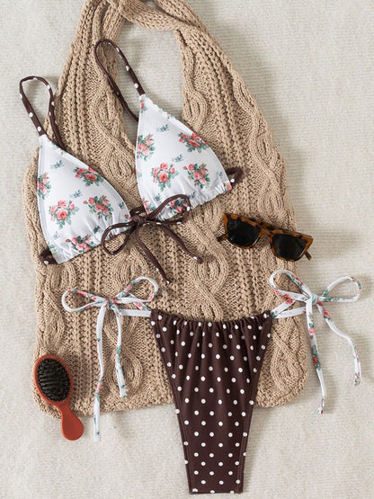 BUYCO Female Fitted Flower Wave Point Print Bikini Set