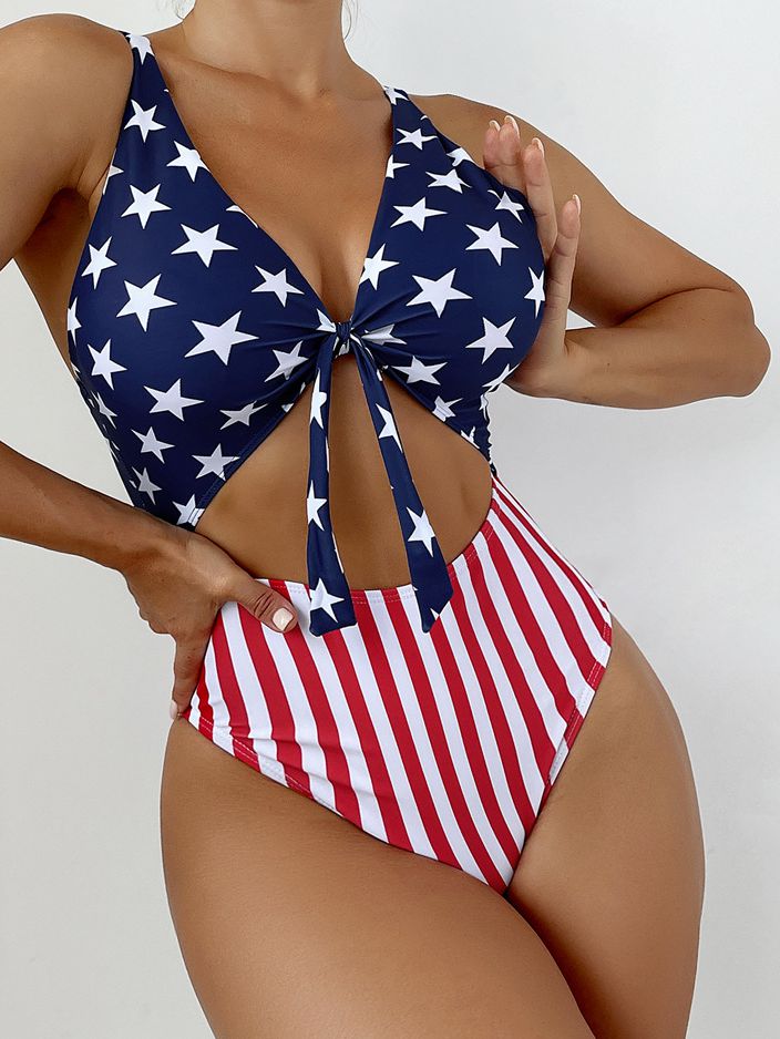 BUYCO Female Great Flags Contrast Color Stripes Hollow Out Backless One Piece
