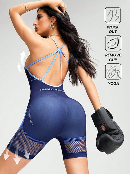 BUYCO Female Contrast Color Net Cross Back Push Up Design Elastic Tight Romper