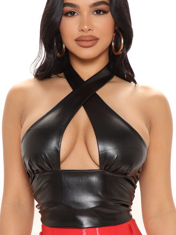 BUYCO Female Fitted PU Glossy Hollow out High-support Zipper Sports Bras