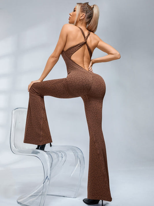 BUYCO Female Fitted Leopard Print Hollow Out Cross Back Deep V Back Jumpsuit