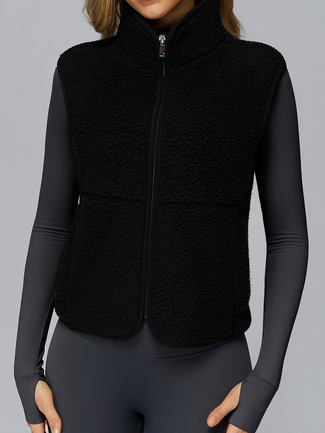 BUYCO Female Fleece Zipper Pocket Stand Up Collar Vest Jacket