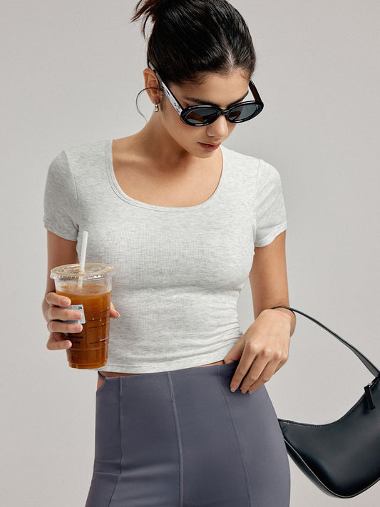 BUYCO Female Hollow Out Backless U Collar Ribbed Short Sleeves