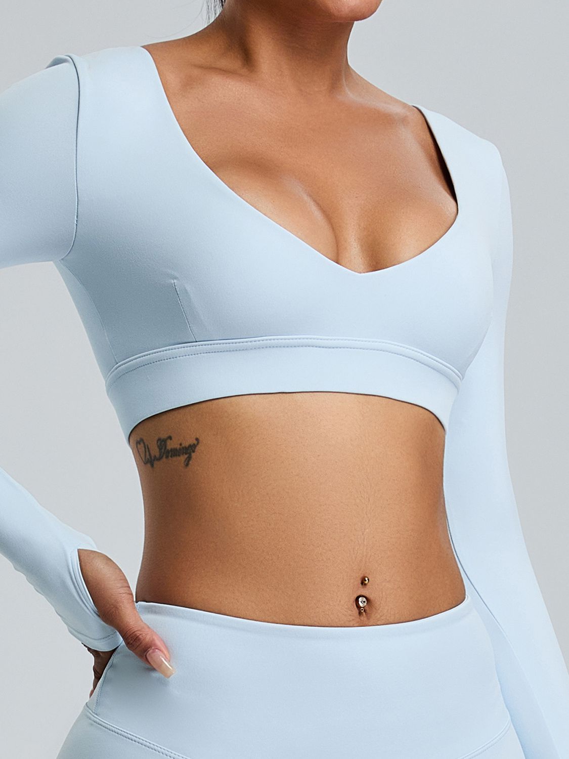 BUYCO Female Solid Color V-neck Elastic Tight Long Sleeves