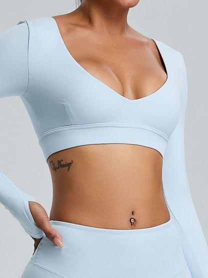 BUYCO Female Solid Color V-neck Elastic Tight Long Sleeves
